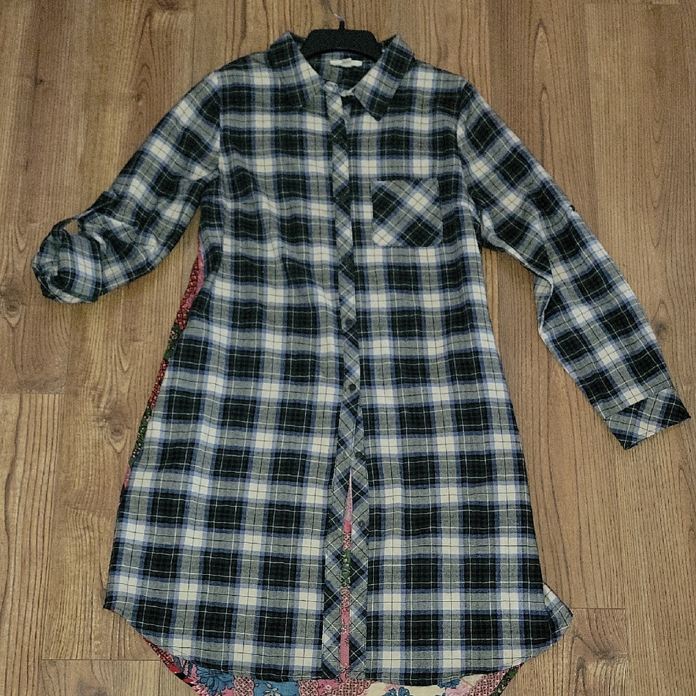 ODDY Plaid High Low Dress -green White Checkered Front Floral Back